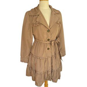 Darling French Girl Trench Coat Camel Tan Ruffled Belt Classic Fairycore Sz S